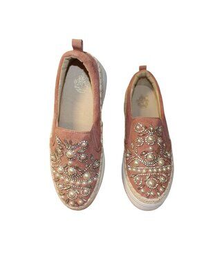 French Blu Mother of Pearls Pink Suede Platform Slip On Sneaker Pearl Crystal 39